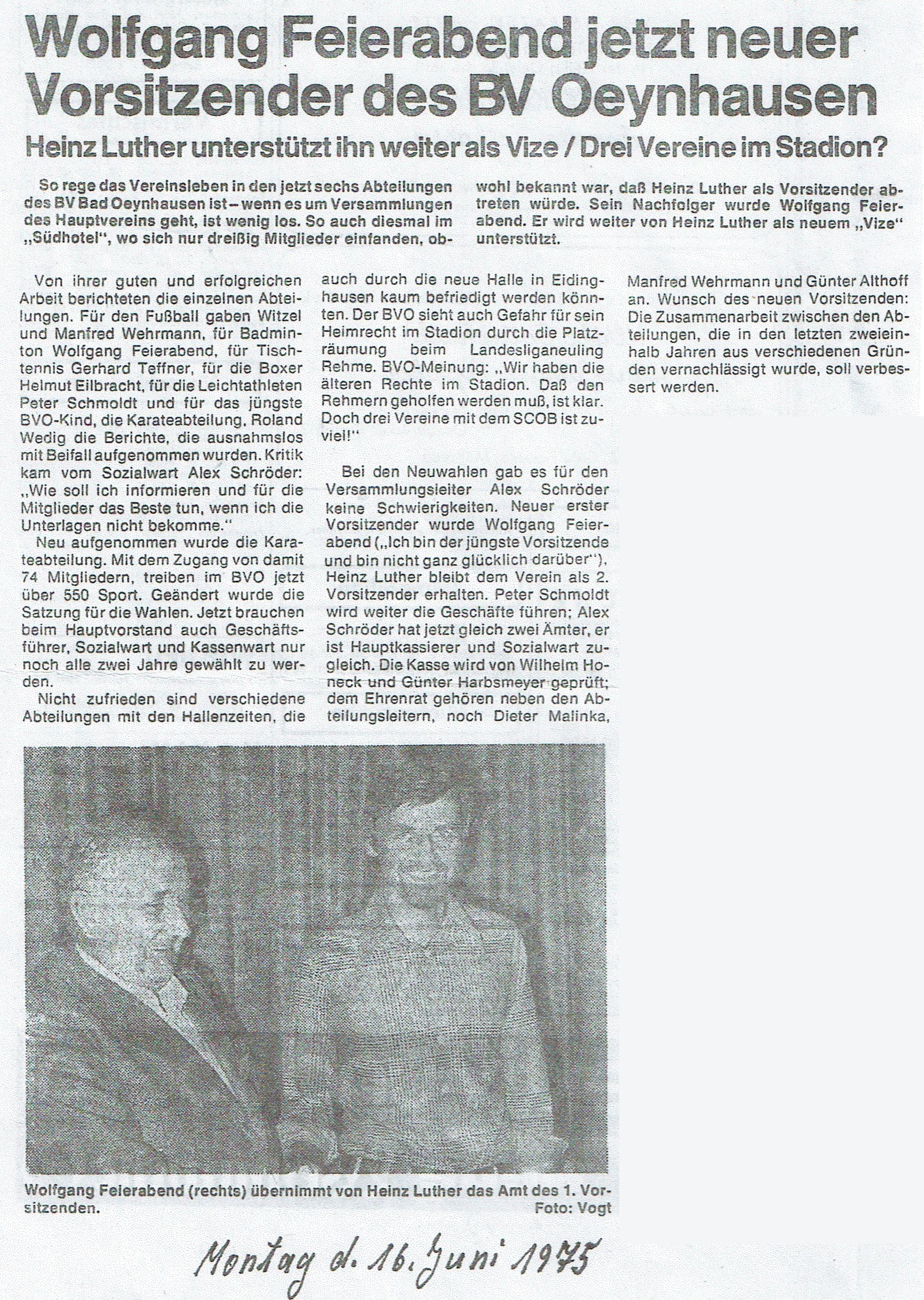 Wolfgang Feierabend jetzt neuer Vorsitzender des BV Oeynhausen